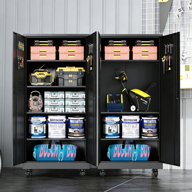 71" Tall Garage Cabinet with 4 Adjustable Shelves, heavy Duty Metal Storage Cabinet with Doors and Wheels, Lockable Tool Cabinet with Pegboard & 8 Hooks, Black Steel Storage Cabinet for Garage