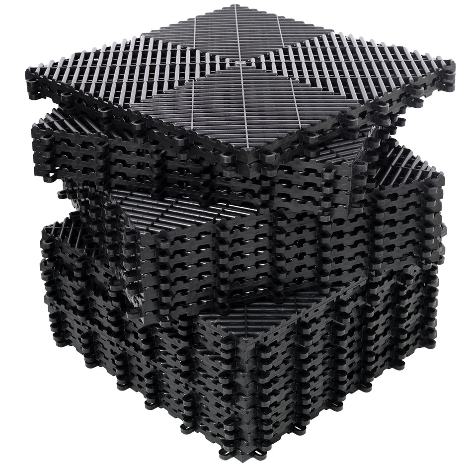 25pcs Plastic Garage Floor Mats,15.6'x15.6' Size,Non-Slip Interlocking Plastic Garage Floor Mat,Splicing Drainage Floor Tile and Shower Mat, for Garage, Garden, Kitchen & Outdoor, Black