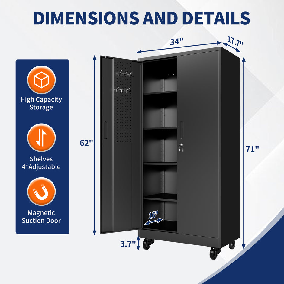 Heavy Duty Metal Storage Cabinet with Doors and Wheels, 71