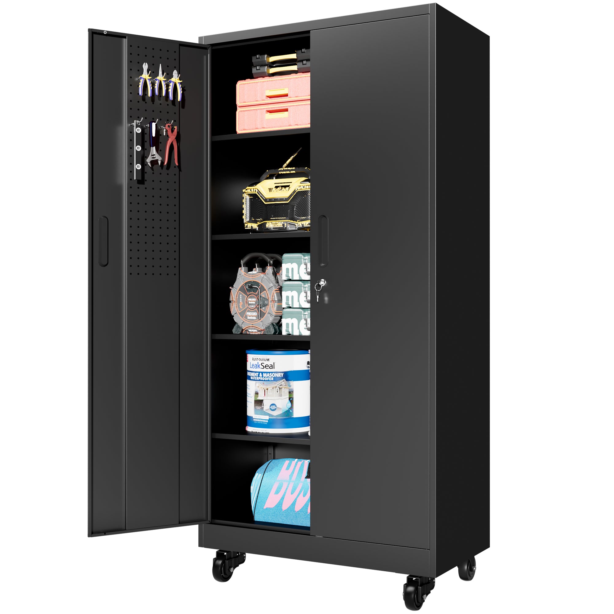 Heavy Duty Metal Storage Cabinet with Doors and Wheels, 71