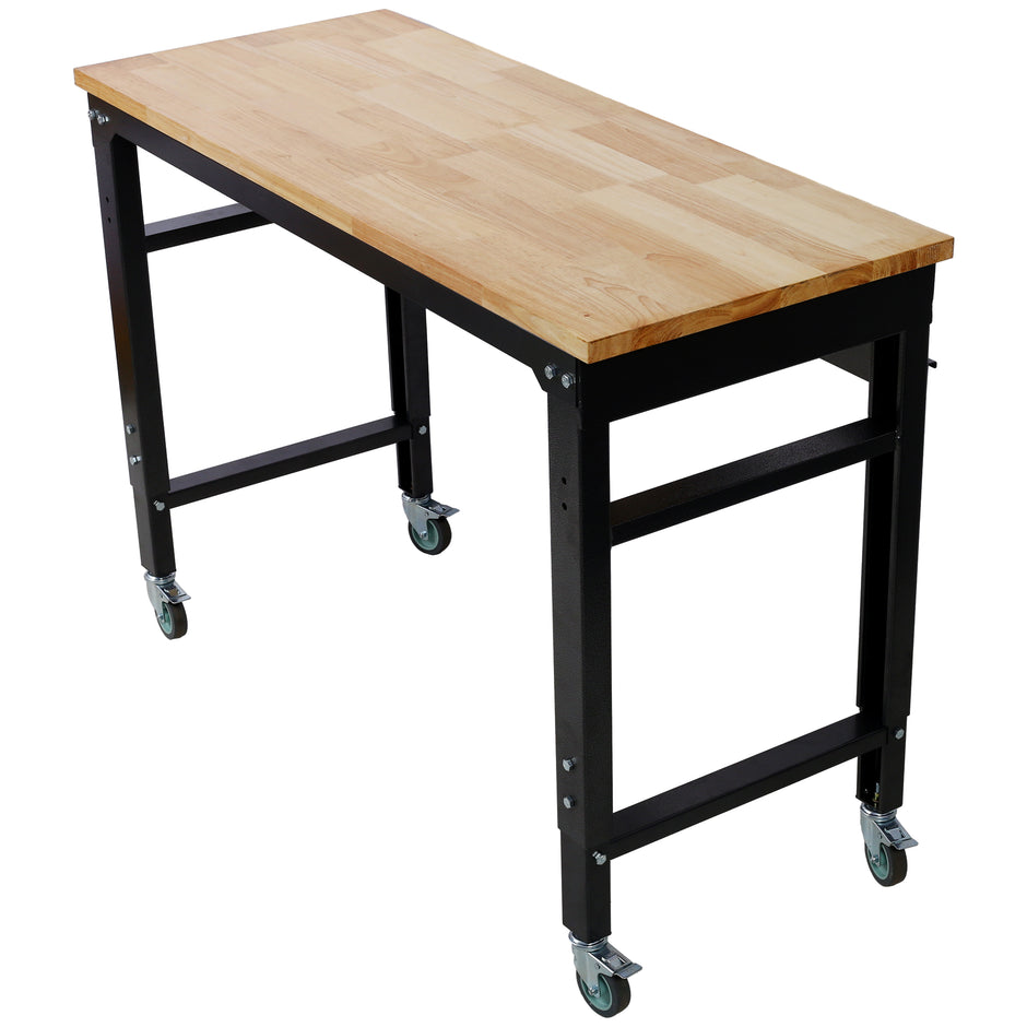 48' Wide Rolling Workbenches for Garage - Adjustable Height, Workshop Tool Bench, Metal with rubber Wood Top