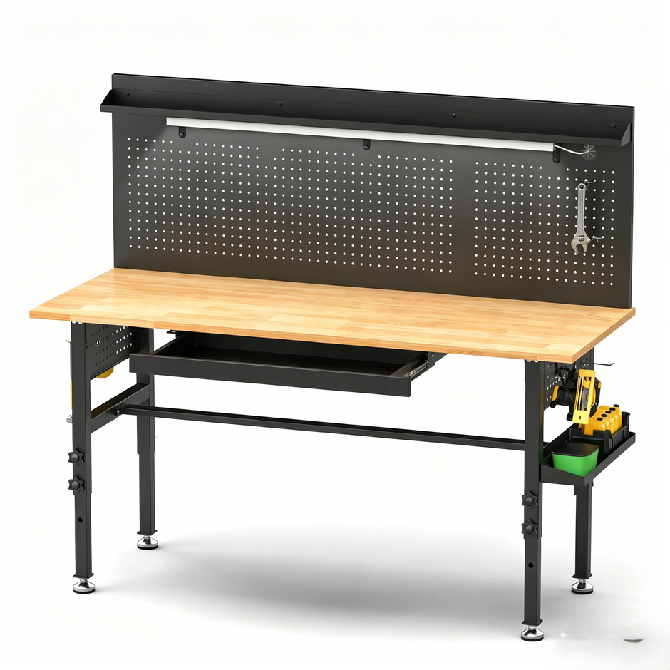 60" Heavy-Duty Adjustable Workbench with Solid Wood Top, Power Strip & LED Light (2,000 lbs Capacity)
