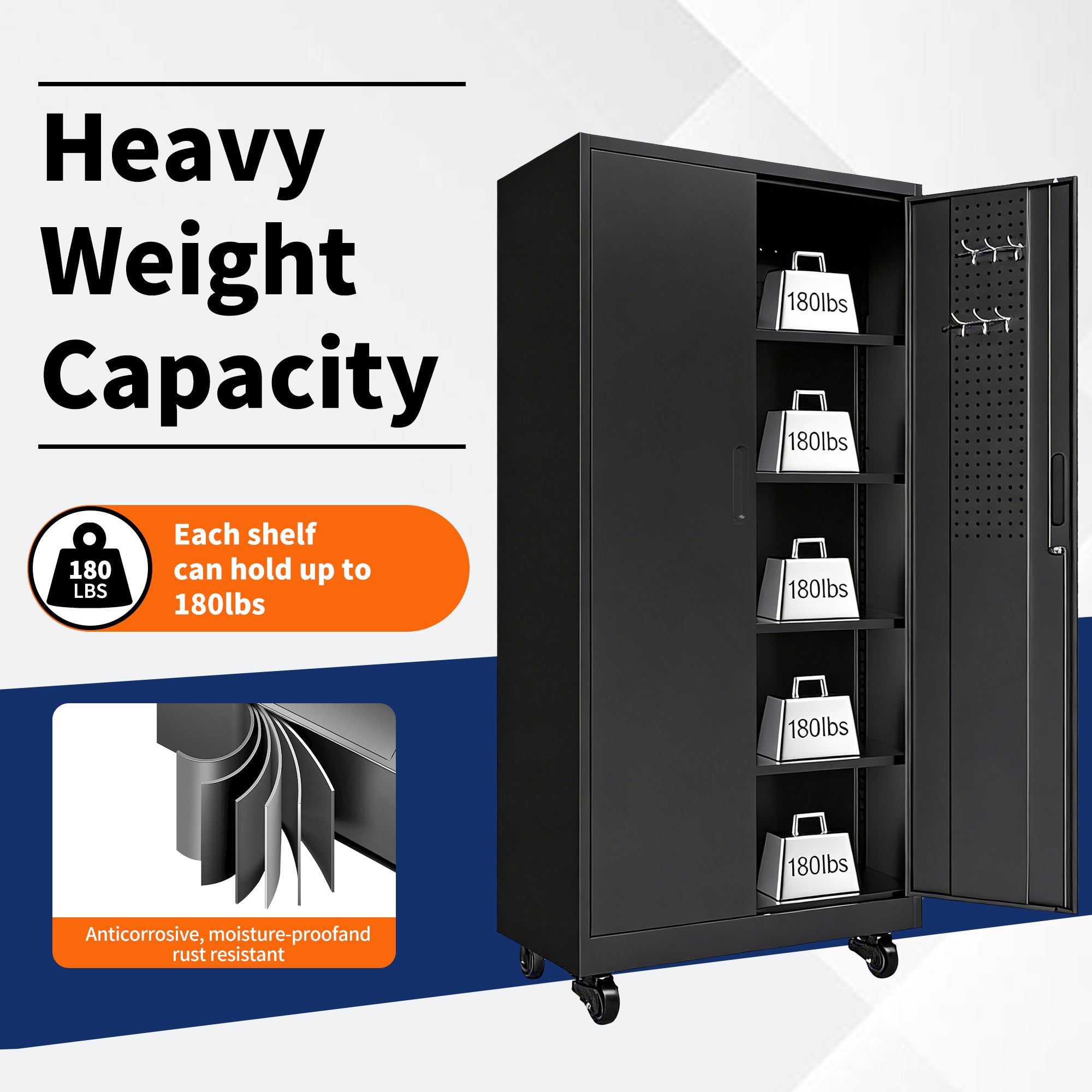 Heavy Duty Metal Storage Cabinet with Doors and Wheels, 71