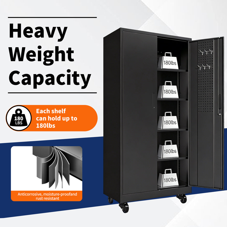 Heavy Duty Metal Storage Cabinet with Doors and Wheels, 71