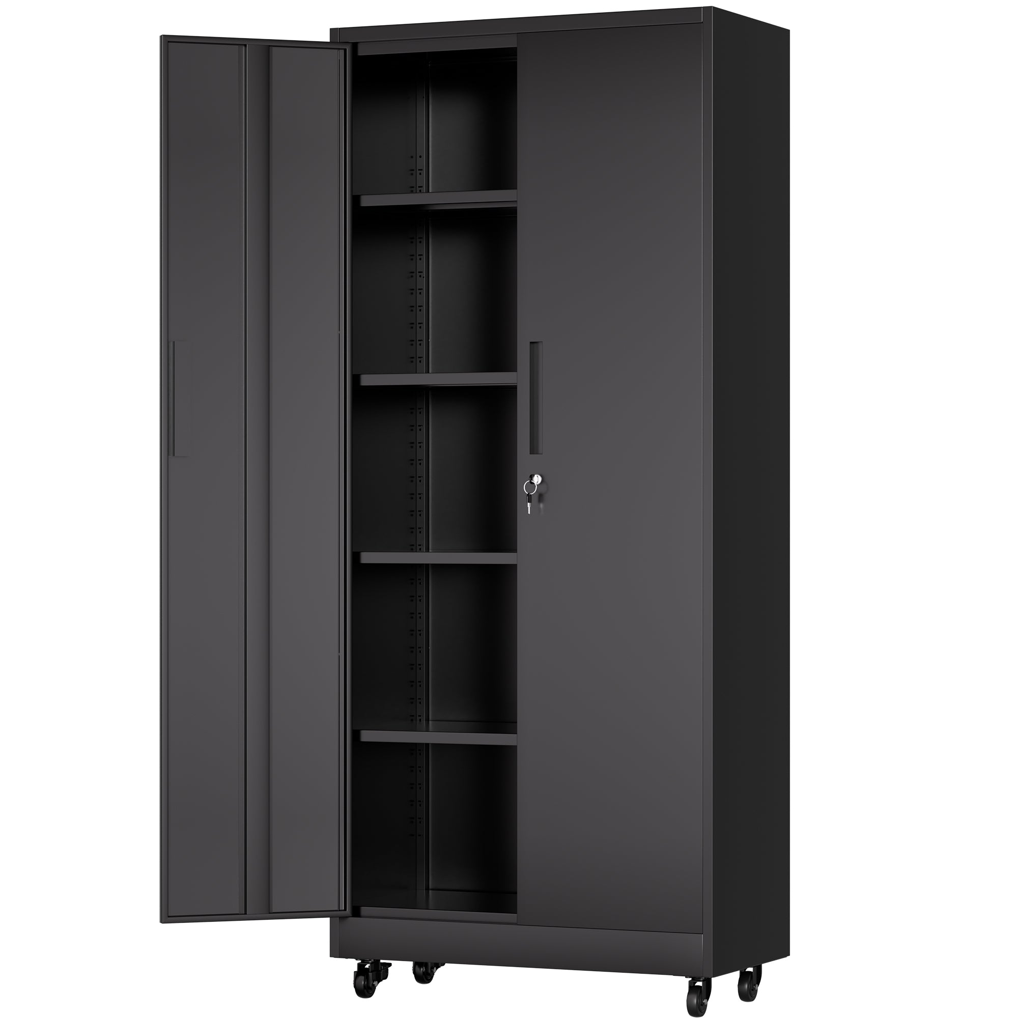 71'H Metal Garage Storage Cabinet with Wheels and Lock, Heavy Duty Rolling Metal Cabinet, 4 Adjustable Shelves (180lb Each), 3-Point Locking Security, for Tool Organization in Garage, Workshop, Office