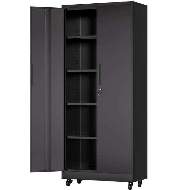 71'H Metal Garage Storage Cabinet with Wheels and Lock, Heavy Duty Rolling Metal Cabinet, 4 Adjustable Shelves (180lb Each), 3-Point Locking Security, for Tool Organization in Garage, Workshop, Office