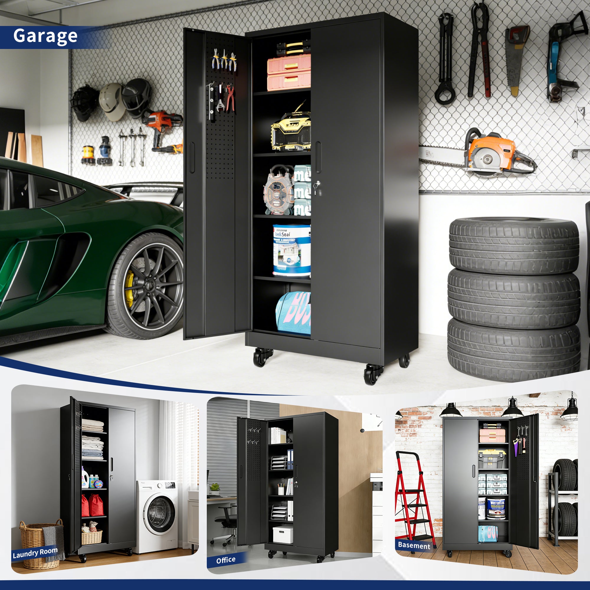 Heavy Duty Metal Storage Cabinet with Doors and Wheels, 71