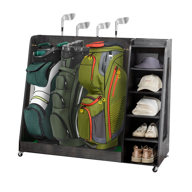 Gray Wooden Golf Bag Storage Rack with 3 Drawers & 14+ Club Organizer