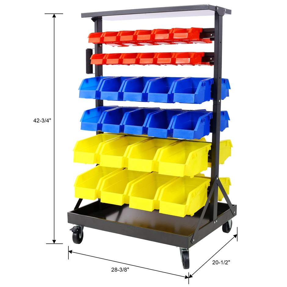 6-Tier Dual-Sided Rolling Bin Rack , 350 Pound Capacity, Includes 60 Organizer Bins, with Tray and Casters