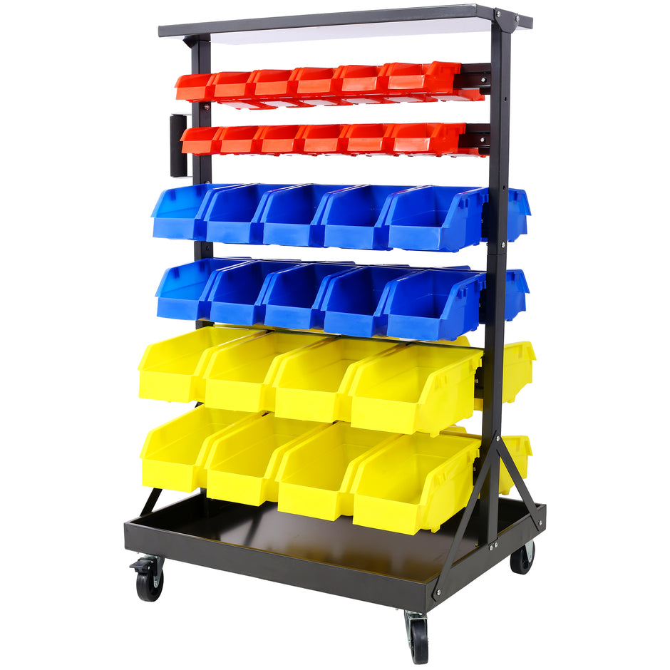 6-Tier Dual-Sided Rolling Bin Rack , 350 Pound Capacity, Includes 60 Organizer Bins, with Tray and Casters