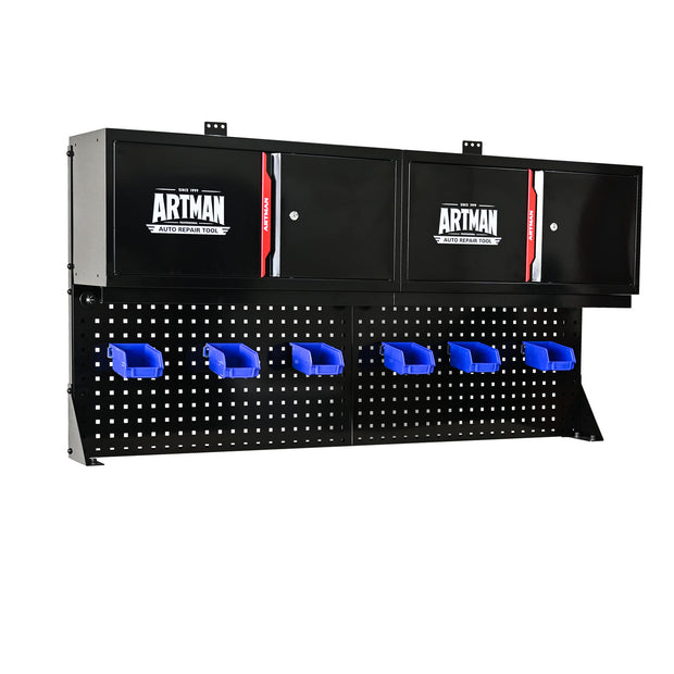 64" Wall-Mounted Double-Door Storage Cabinet with Tool Rack, Pegboard Steel, Black & Red