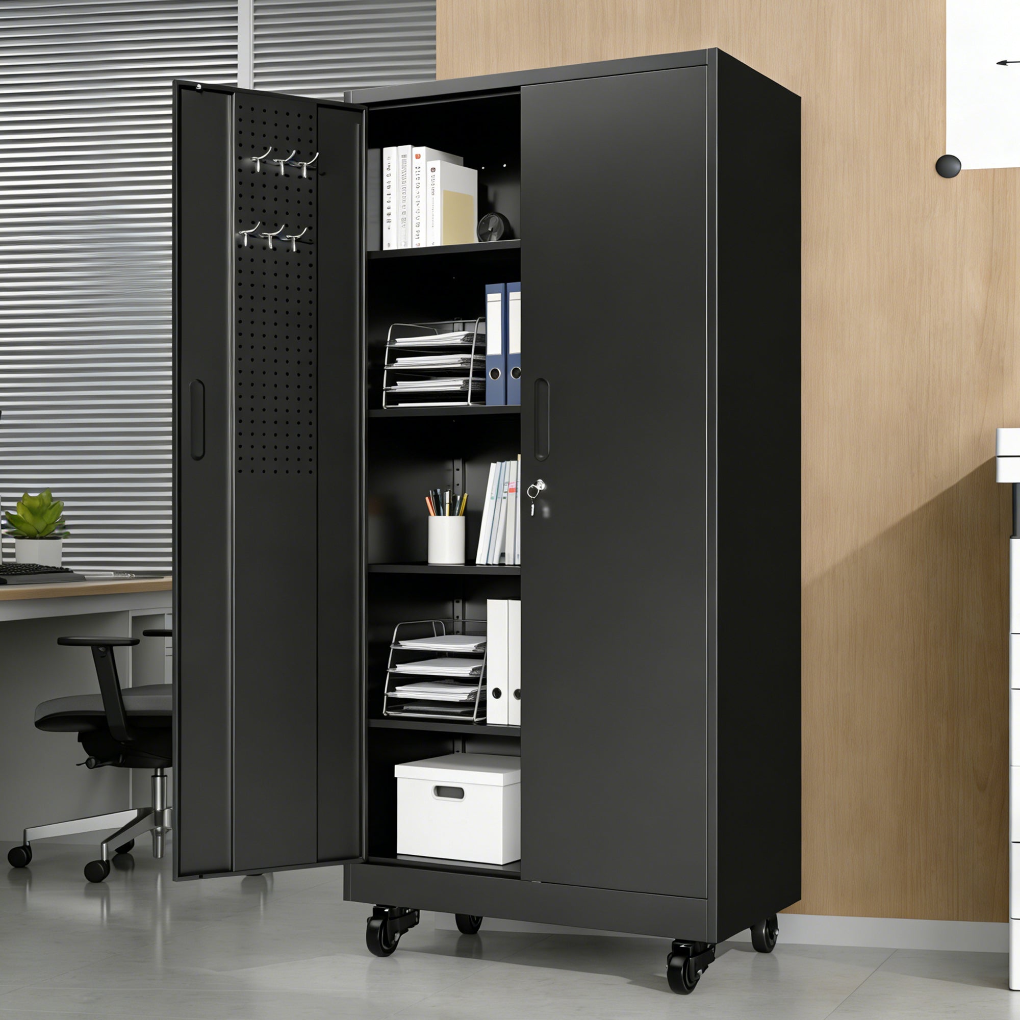 Heavy Duty Metal Storage Cabinet with Doors and Wheels, 71