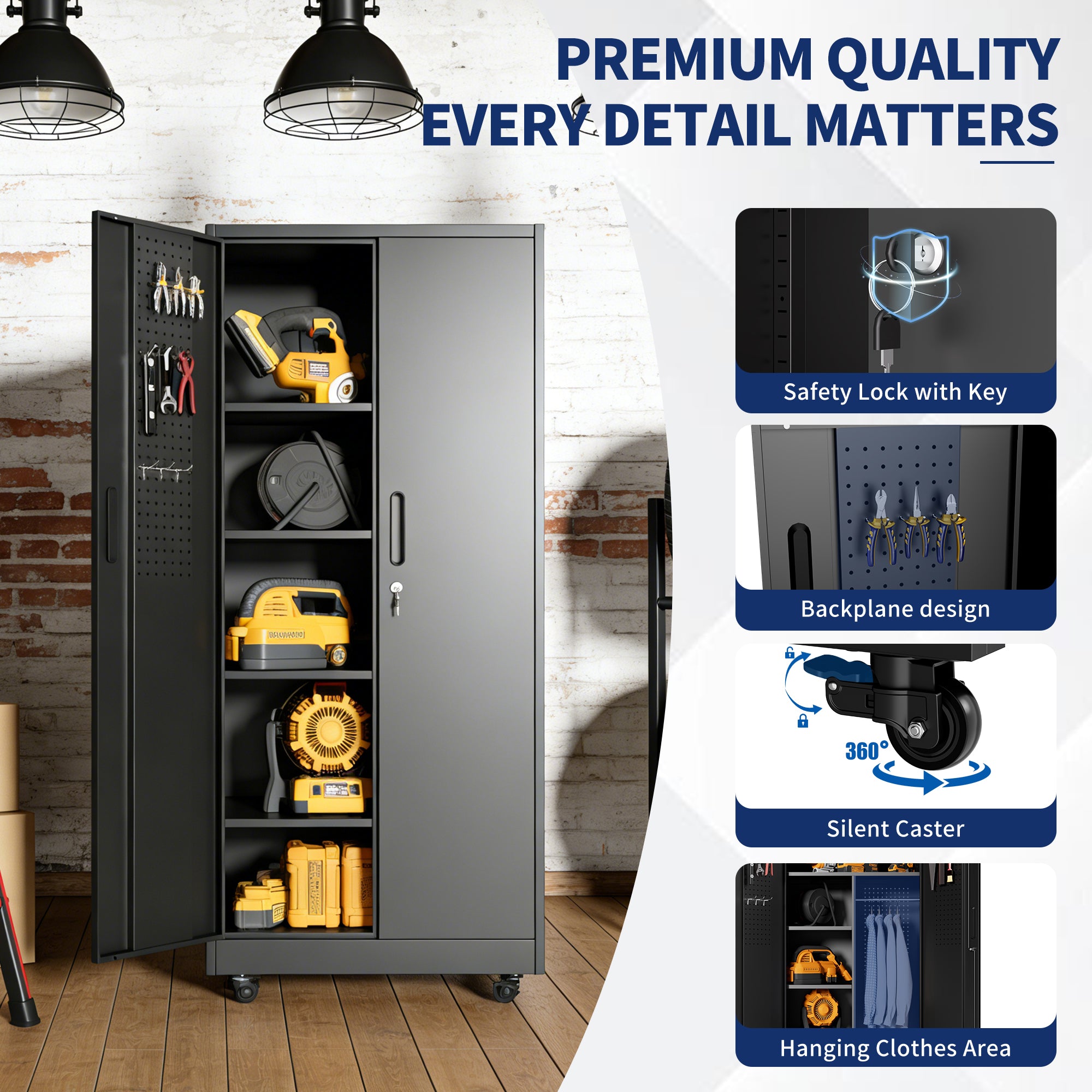 Rolling Metal Storage Locker Cabinet with Lockable Doors - 71