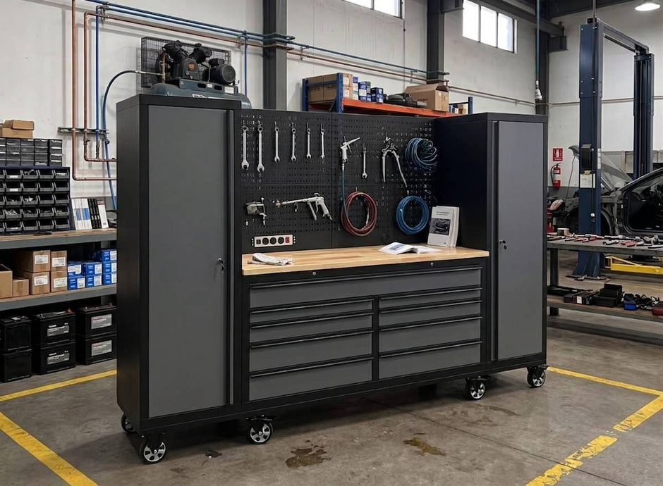 100" Rolling Tool Chest Workstation with Bench Top & Side Cabinets