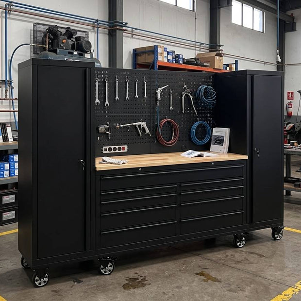 100" Rolling Tool Chest Workstation with Bench Top & Side Cabinets