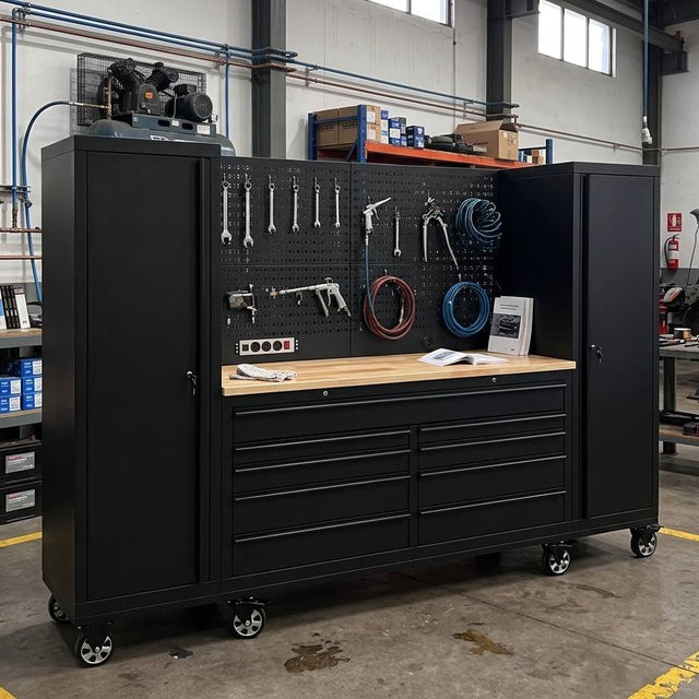 100" Rolling Tool Chest Workstation with Bench Top & Side Cabinets