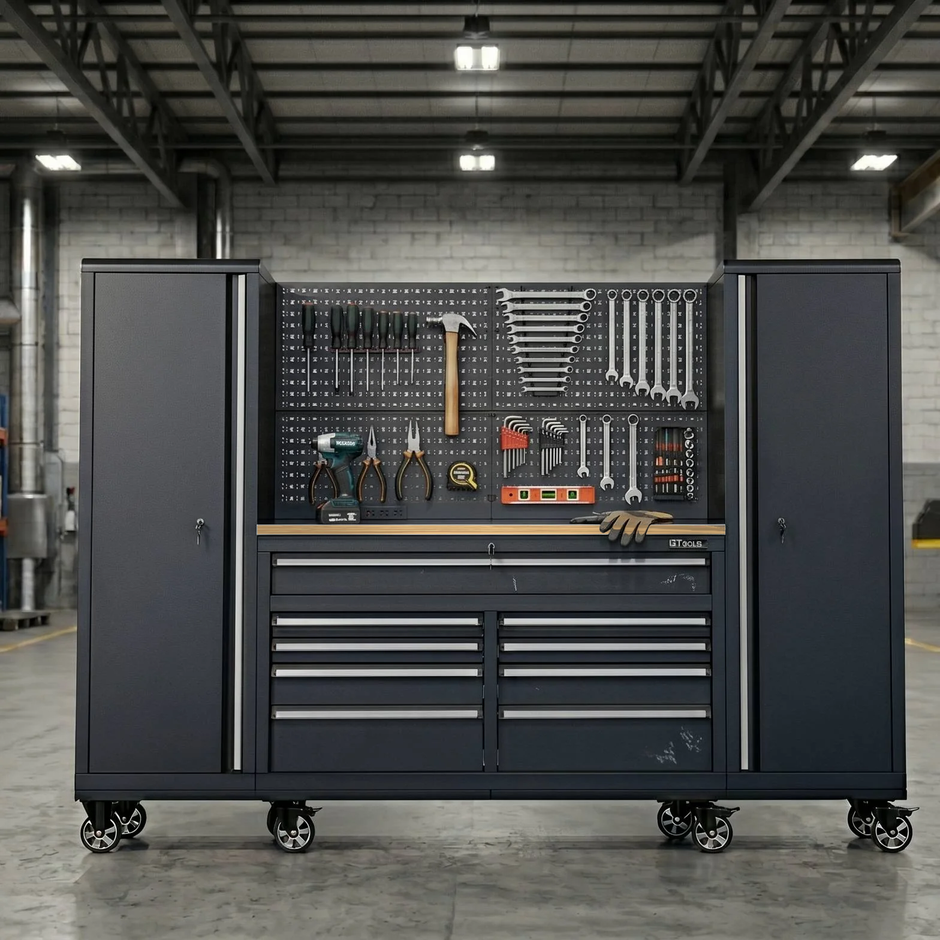 100" Rolling Tool Chest Workstation with Bench Top & Side Cabinets