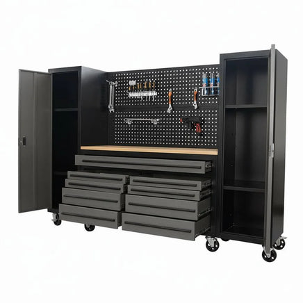 Gray metal tool workbench with storage cabinets, pegboard, drawers, and wheels