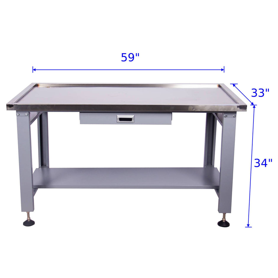 Metal workbench with drawer, storage shelf, and dimensions 59x33x34 inches
