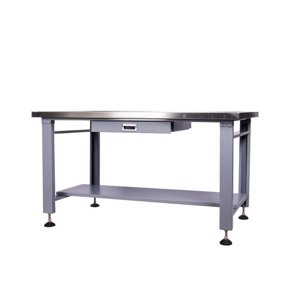 Industrial metal workbench with drawer and lower storage shelf on adjustable legs