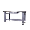 Industrial metal workbench with drawer and lower storage shelf on adjustable legs