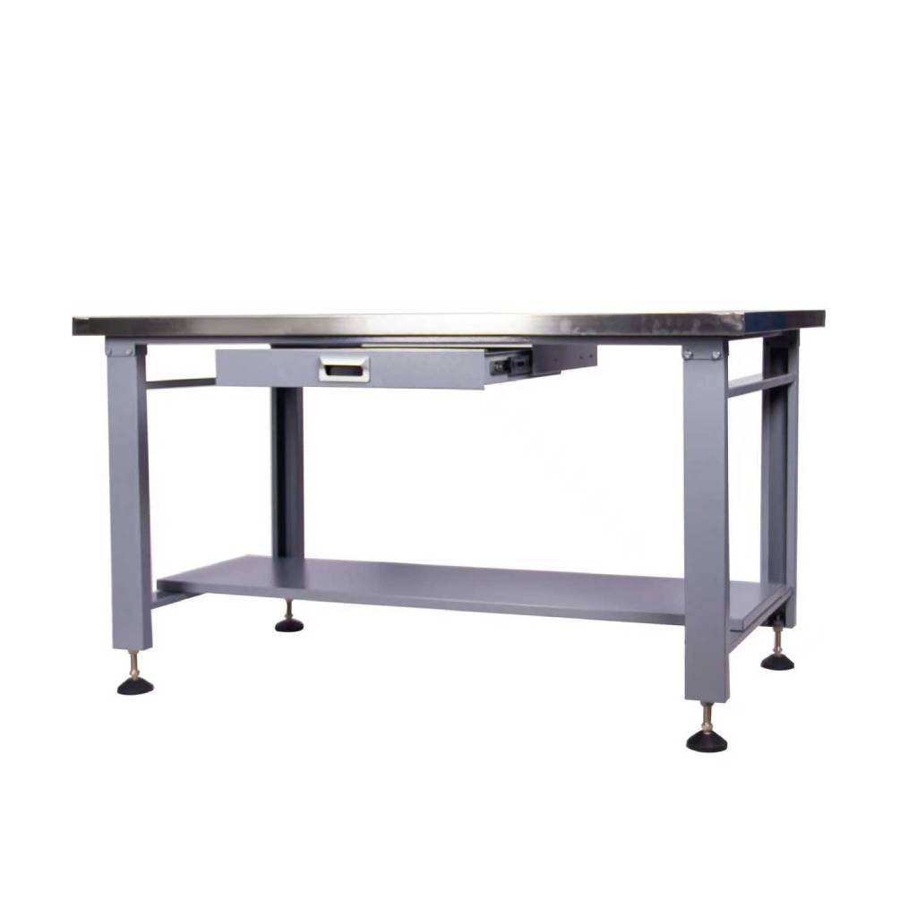 Heavy-duty metal workbench with drawer and lower shelf for garage or workshop storage