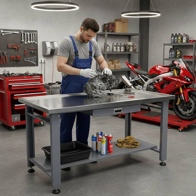 59" Large Heavy Duty Machine Teardown Table with Drain Hole, Drawer and Shelf