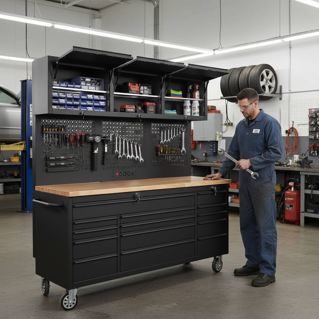 Large tool workbench with storage drawers, pegboard, and mechanic organizing tools in workshop