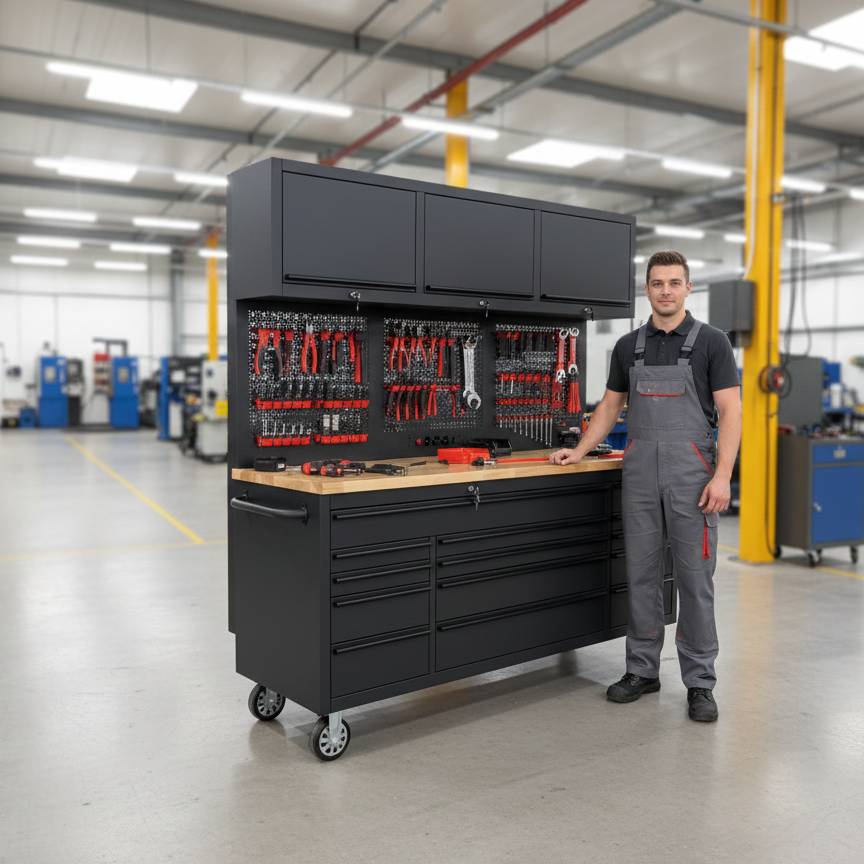Workshop storage workbench with tools and drawers, technician standing beside in workshop