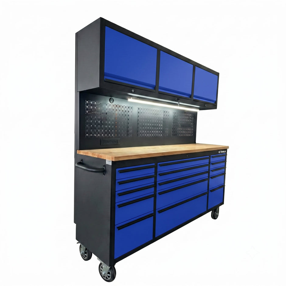 72 inch Rolling Tool Chest with Light & Power Strips, Workbench, Upper Cabinets & Pegboard