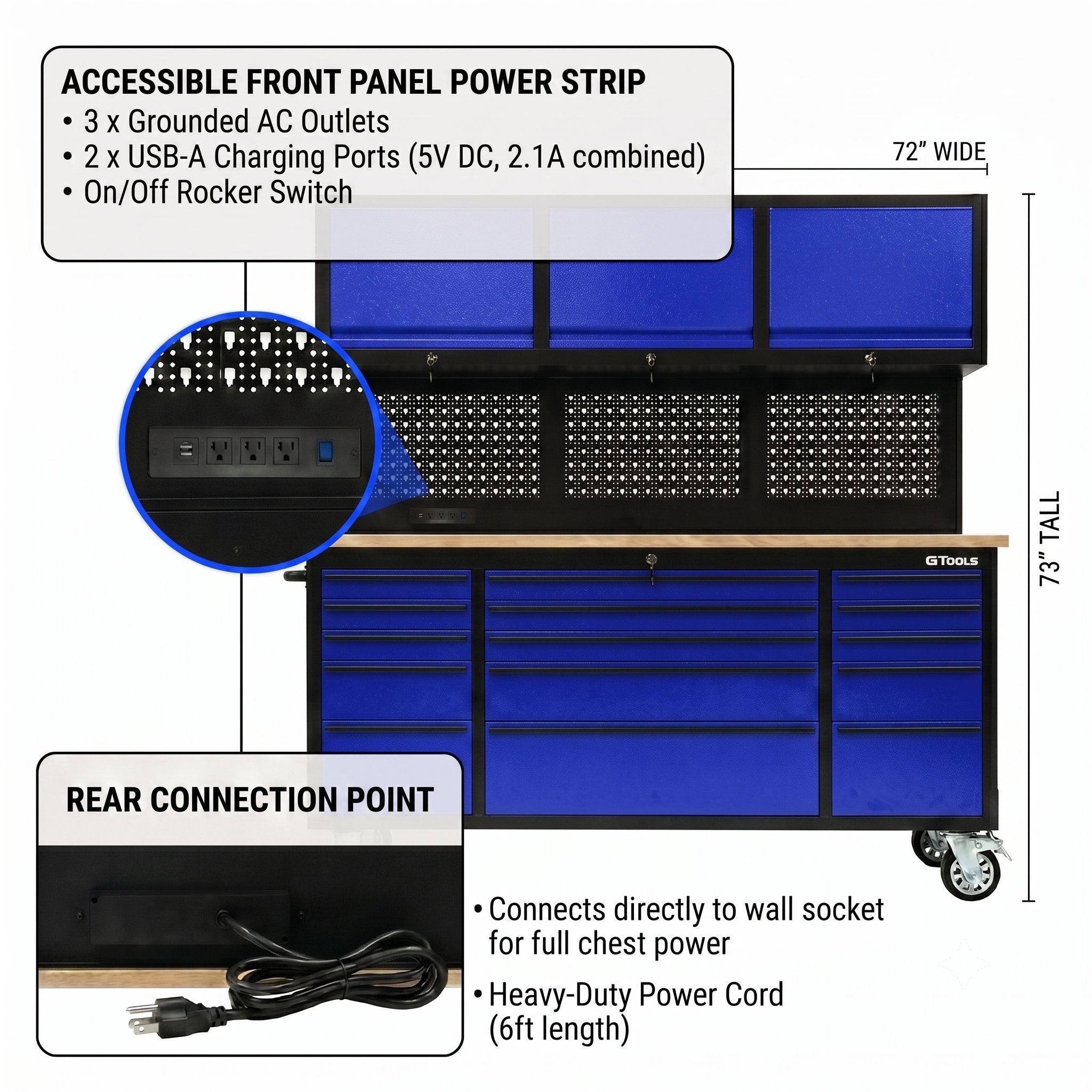 72 inch Rolling Tool Chest with Light & Power Strips, Workbench, Upper Cabinets & Pegboard