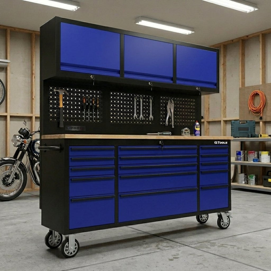 72 inch Rolling Tool Chest with Light & Power Strips, Workbench, Upper Cabinets & Pegboard