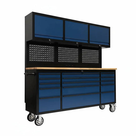 Blue metal tool workbench with upper cabinets, pegboard, drawers, and wood top on casters.
