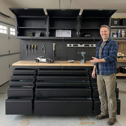 72 inch Rolling Tool Chest with Light & Power Strips, Workbench, Upper Cabinets & Pegboard
