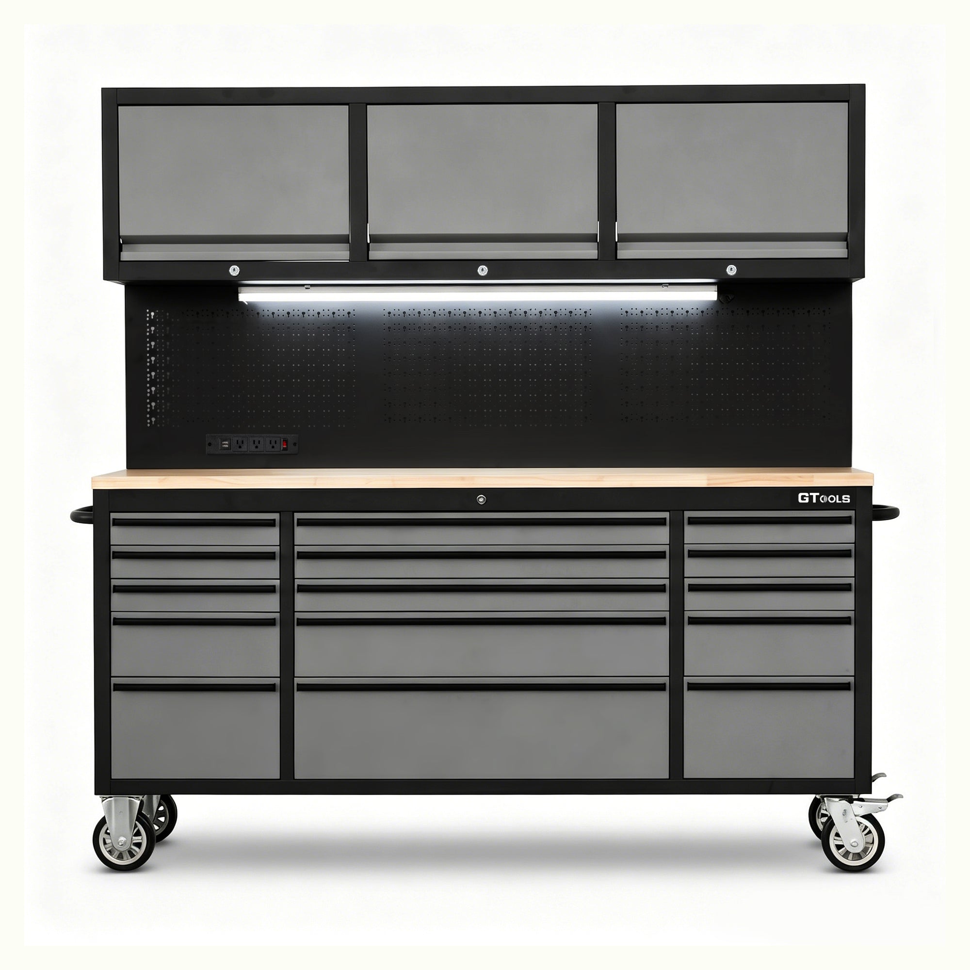 72 inch Rolling Tool Chest with Light & Power Strips, Workbench, Upper Cabinets & Pegboard