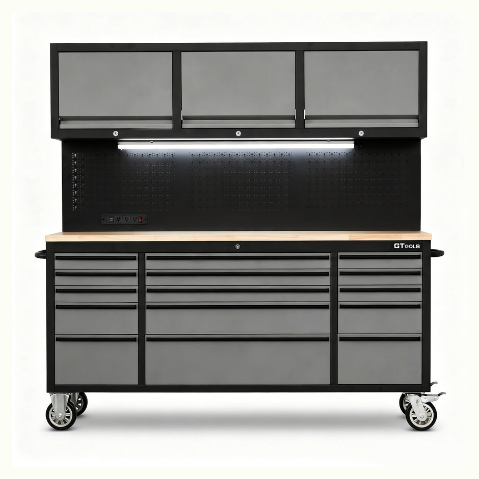 72 inch Rolling Tool Chest with Light & Power Strips, Workbench, Upper Cabinets & Pegboard