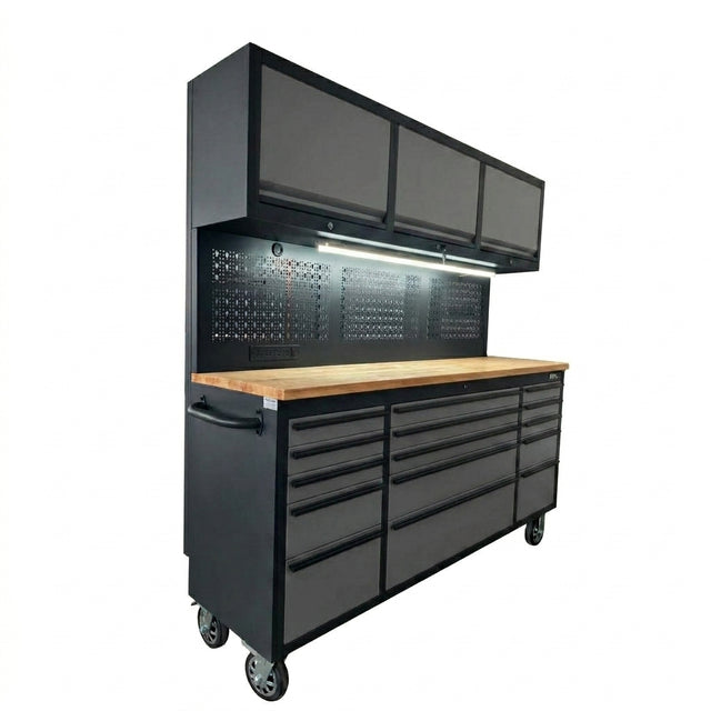 72 inch Rolling Tool Chest with Light & Power Strips, Workbench, Upper Cabinets & Pegboard