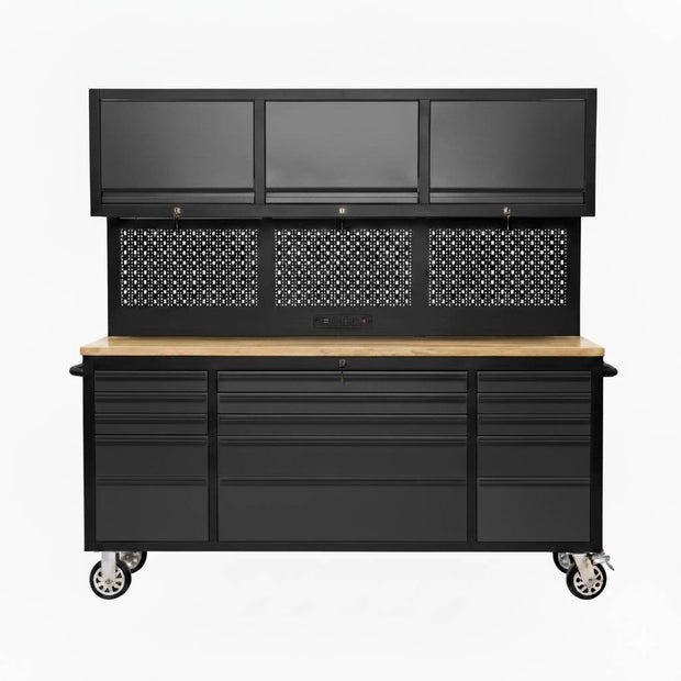 72" Rolling Tool Chest with Integrated Power Strip, Garage Workbench, Upper Cabinets & Pegboard
