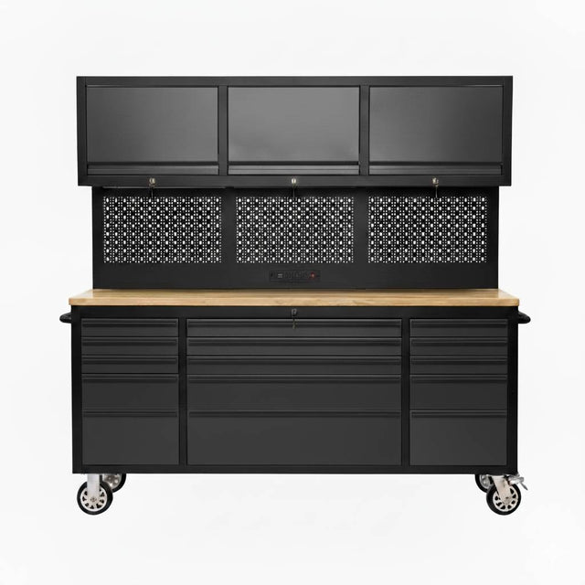 72" Rolling Tool Chest with Integrated Power Strip, Garage Workbench, Upper Cabinets & Pegboard