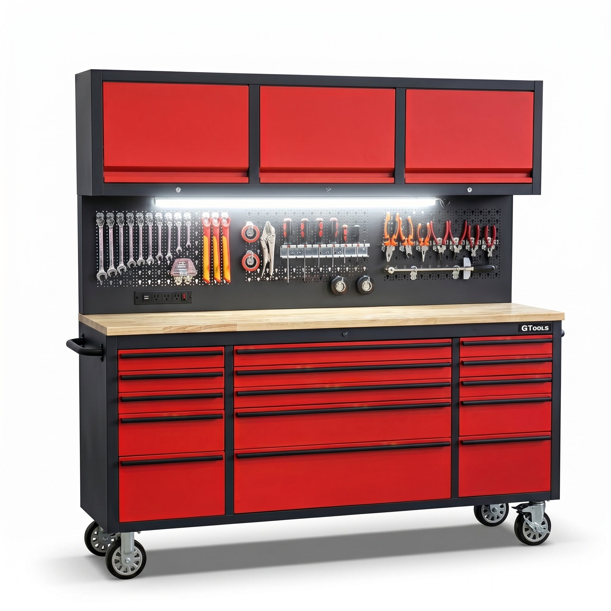 72 inch Rolling Tool Chest with Light & Power Strips, Workbench, Upper Cabinets & Pegboard