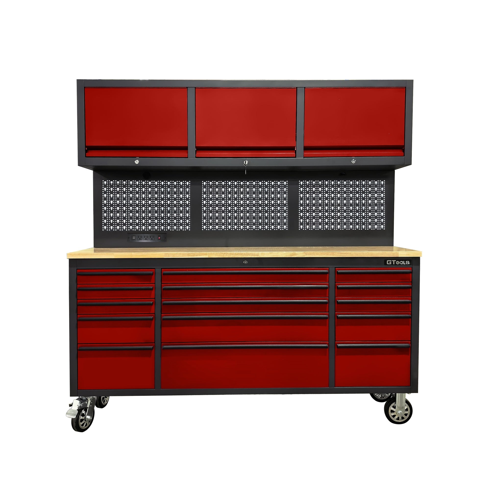 72 inch Rolling Tool Chest with Light & Power Strips, Workbench, Upper Cabinets & Pegboard