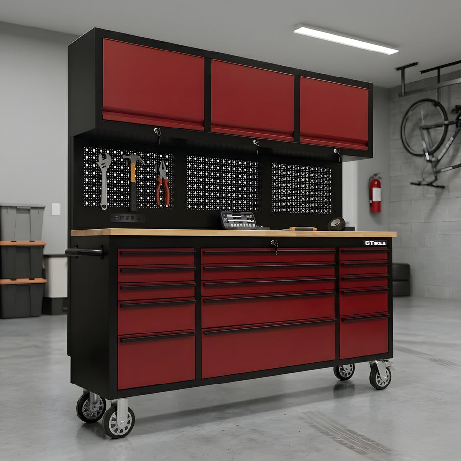 72 inch Rolling Tool Chest with Light & Power Strips, Workbench, Upper Cabinets & Pegboard