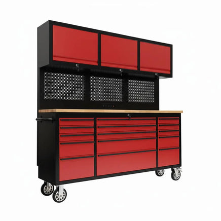 Red and black tool workbench with drawers, upper cabinets, pegboard, and casters.