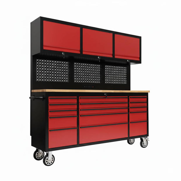 72" Rolling Tool Chest with Power Strip, Workbench, Upper Cabinets & Pegboard