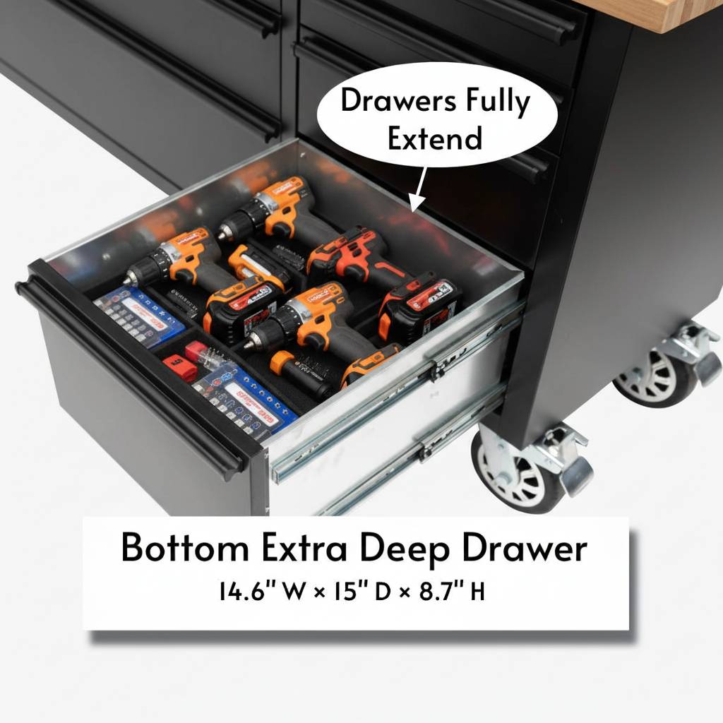 Open bottom extra deep tool chest drawer with power drills and tool kits, fully extended on casters