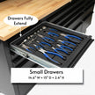 Workbench storage drawer fully extended with foam organizer and blue-handled pliers set.