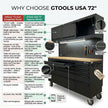 72 inch Rolling Tool Chest with Light & Power Strips, Workbench, Upper Cabinets & Pegboard