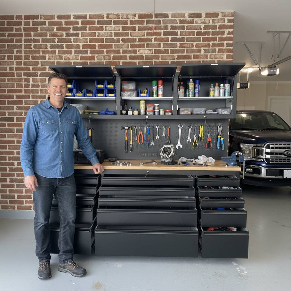 Man standing in a garage next to a large tool chest with tools and equipment on shelves.