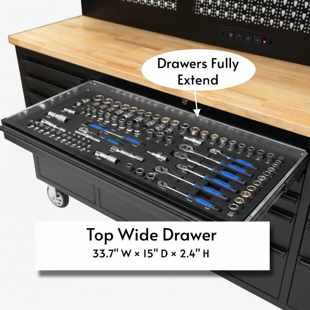 Workbench with fully extended top wide drawer organized with sockets, ratchets and hand tools