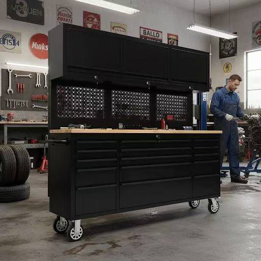 72" Rolling Tool Chest with Integrated Power Strip, Garage Workbench, Upper Cabinets & Pegboard